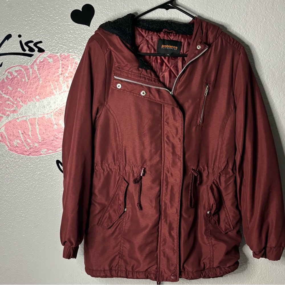 Preloved Ambiance Burgundy Drawstring Zip Snap Up Anorak Hoodie Jacket